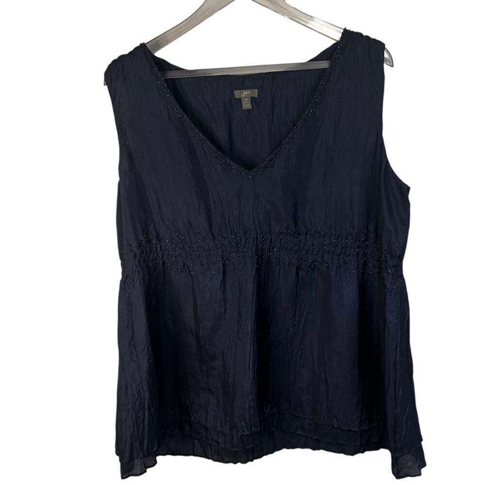 J Jill 100% Silk Top, High Waist, Beaded, Lined | Size Large | Navy Sleeveless